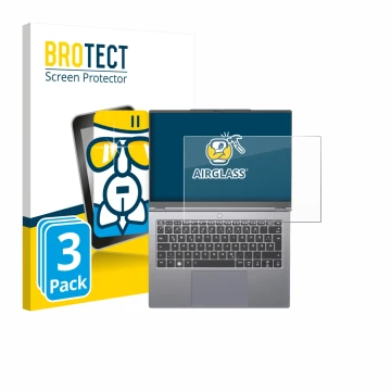 Vorderseite einer Produktverpackung mit dem Markenlogo BROTECT. Daneben ist das Gerät Tuxedo InfinityBook Pro 14 Gen 10 mit de