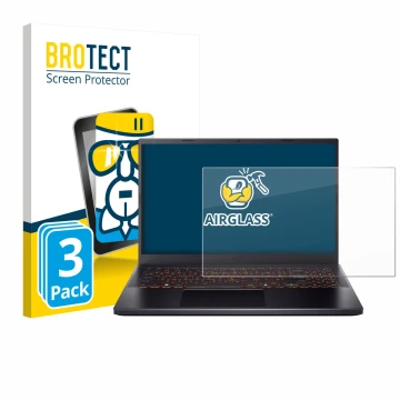 Vorderseite einer Produktverpackung mit dem Markenlogo BROTECT. Daneben ist das Gerät Acer Nitro V 15 mit dem zugehörigen Disp