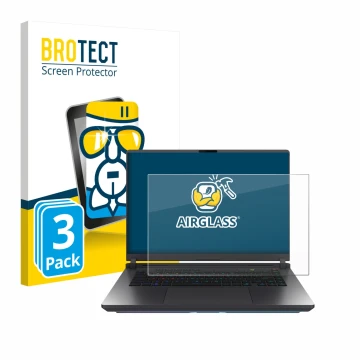 Vorderseite einer Produktverpackung mit dem Markenlogo BROTECT. Daneben ist das Gerät ASUS ROG Strix G16 2025 mit dem zugehöri