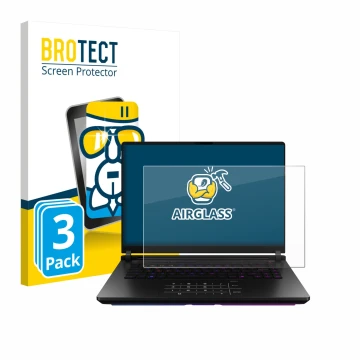 Vorderseite einer Produktverpackung mit dem Markenlogo BROTECT. Daneben ist das Gerät ASUS ROG Strix SCAR 18 2025 mit dem zuge