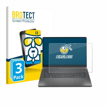 Vorderseite einer Produktverpackung mit dem Markenlogo BROTECT. Daneben ist das Gerät ASUS ROG Zephyrus G14 2025 GA403 mit dem