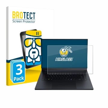 Vorderseite einer Produktverpackung mit dem Markenlogo BROTECT. Daneben ist das Gerät Razer Blade 16 2025 mit dem zugehörigen 