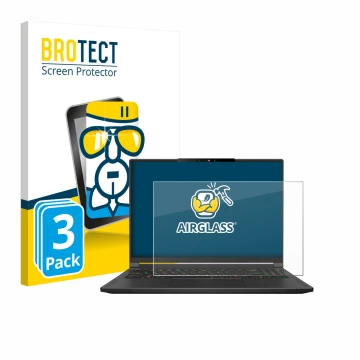 Vorderseite einer Produktverpackung mit dem Markenlogo BROTECT. Daneben ist das Gerät MSI Stealth A16 AI+ mit dem zugehörigen 