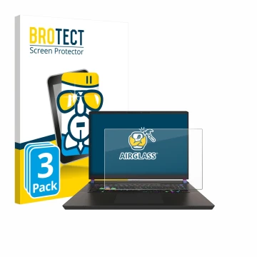 Vorderseite einer Produktverpackung mit dem Markenlogo BROTECT. Daneben ist das Gerät MSI Vector 17 HX mit dem zugehörigen Dis