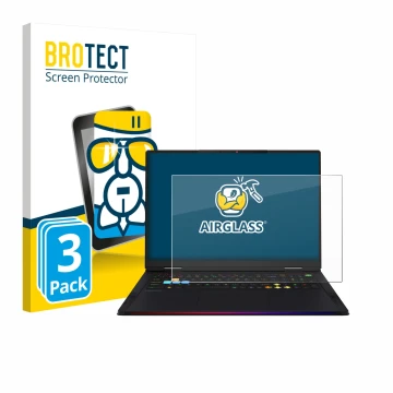 Vorderseite einer Produktverpackung mit dem Markenlogo BROTECT. Daneben ist das Gerät MSI Raider 18 HX AI 2025 mit dem zugehör