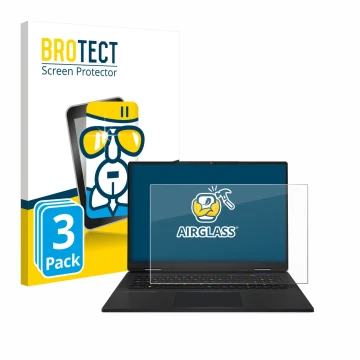 Vorderseite einer Produktverpackung mit dem Markenlogo BROTECT. Daneben ist das Gerät MSI Titan 18 HX AI 2025 mit dem zugehöri