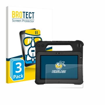 Vorderseite einer Produktverpackung mit dem Markenlogo BROTECT. Daneben ist das Gerät Zebra XPad L10ax mit dem zugehörigen Dis