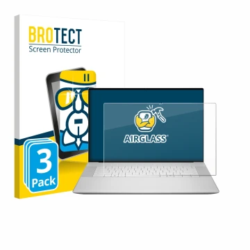 Vorderseite einer Produktverpackung mit dem Markenlogo BROTECT. Daneben ist das Gerät Dell 16 Premium Laptop mit dem zugehörig
