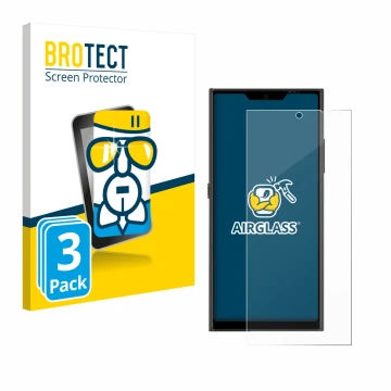 Vorderseite einer Produktverpackung mit dem Markenlogo BROTECT. Daneben ist das Gerät Jolla Phone mit dem zugehörigen Displays