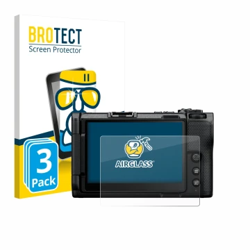 Vorderseite einer Produktverpackung mit dem Markenlogo BROTECT. Daneben ist das Gerät Nikon ZR 2025 mit dem zugehörigen Displa