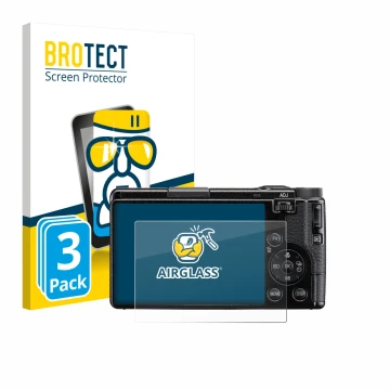 Vorderseite einer Produktverpackung mit dem Markenlogo BROTECT. Daneben ist das Gerät Ricoh GR IV HDF 2025 mit dem zugehörigen