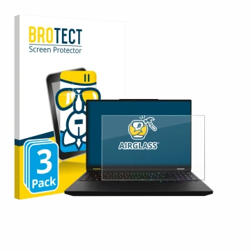 Vorderseite einer Produktverpackung mit dem Markenlogo BROTECT. Daneben ist das Gerät XMG Apex 16 Max mit dem zugehörigen Disp