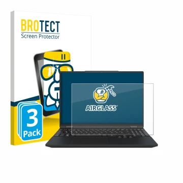 Vorderseite einer Produktverpackung mit dem Markenlogo BROTECT. Daneben ist das Gerät Tuxedo InfinityBook Max 15 Gen 10 mit de