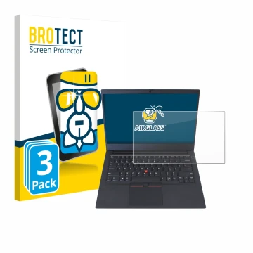 Vorderseite einer Produktverpackung mit dem Markenlogo BROTECT. Daneben ist das Gerät Lenovo ThinkPad E14 Gen 1 mit dem zugehö