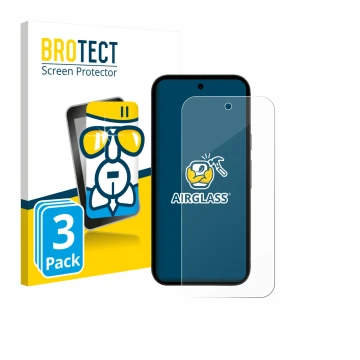 Vorderseite einer Produktverpackung mit dem Markenlogo BROTECT. Daneben ist das Gerät Google Pixel 10a mit dem zugehörigen Dis