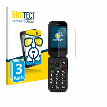 Vorderseite einer Produktverpackung mit dem Markenlogo BROTECT. Daneben ist das Gerät Simvalley Mobile XL-970 mit dem zugehöri