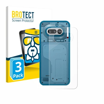 Vorderseite einer Produktverpackung mit dem Markenlogo BROTECT. Daneben ist das Gerät Nothing Phone (4a) (Rückseite) mit dem z
