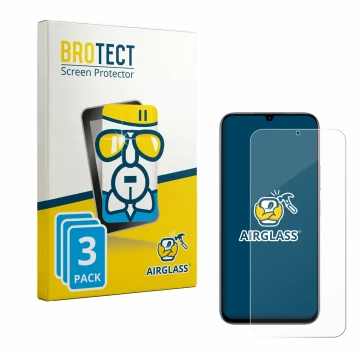 Vorderseite einer Produktverpackung mit dem Markenlogo BROTECT. Daneben ist das Gerät realme C100 4G mit dem zugehörigen Displ