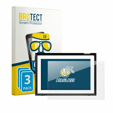 Vorderseite einer Produktverpackung mit dem Markenlogo BROTECT. Daneben ist das Gerät Nixplay Klassischer 10.1