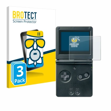 Vorderseite einer Produktverpackung mit dem Markenlogo BROTECT. Daneben ist das Gerät Nintendo Gameboy Advance GBA SP mit dem 