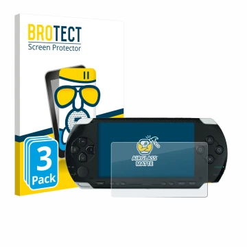 Vorderseite einer Produktverpackung mit dem Markenlogo BROTECT. Daneben ist das Gerät Sony PSP 1000 mit dem zugehörigen Displa
