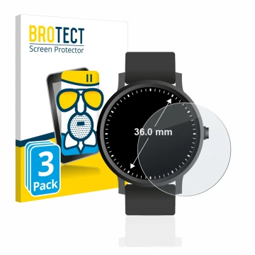 Vorderseite einer Produktverpackung mit dem Markenlogo BROTECT. Daneben ist das Gerät Armbanduhren (Kreisrund, ø: 36 mm) mit d
