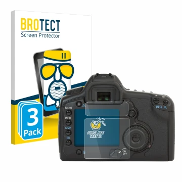 Vorderseite einer Produktverpackung mit dem Markenlogo BROTECT. Daneben ist das Gerät Canon EOS 5D mit dem zugehörigen Display