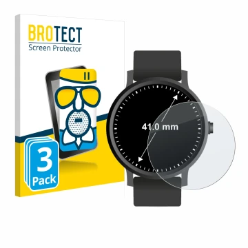 Vorderseite einer Produktverpackung mit dem Markenlogo BROTECT. Daneben ist das Gerät Armbanduhren (Kreisrund, ø: 41 mm) mit d