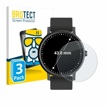 Vorderseite einer Produktverpackung mit dem Markenlogo BROTECT. Daneben ist das Gerät Armbanduhren (Kreisrund, ø: 43 mm) mit d