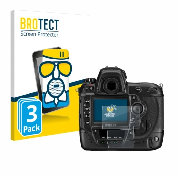 Vorderseite einer Produktverpackung mit dem Markenlogo BROTECT. Daneben ist das Gerät Nikon D3 mit dem zugehörigen Displayschu