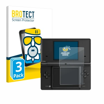 Vorderseite einer Produktverpackung mit dem Markenlogo BROTECT. Daneben ist das Gerät Nintendo DSi mit dem zugehörigen Display