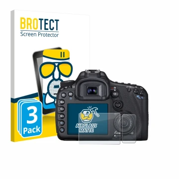 Vorderseite einer Produktverpackung mit dem Markenlogo BROTECT. Daneben ist das Gerät Canon EOS 7D mit dem zugehörigen Display