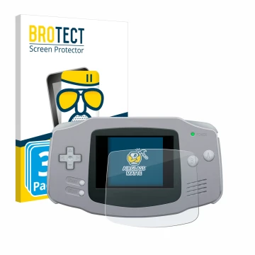 Vorderseite einer Produktverpackung mit dem Markenlogo BROTECT. Daneben ist das Gerät Nintendo Gameboy Advance GBA mit dem zug