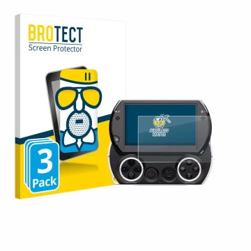 Vorderseite einer Produktverpackung mit dem Markenlogo BROTECT. Daneben ist das Gerät Sony PSP Go mit dem zugehörigen Displays