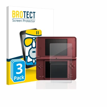 Vorderseite einer Produktverpackung mit dem Markenlogo BROTECT. Daneben ist das Gerät Nintendo DSi XL mit dem zugehörigen Disp