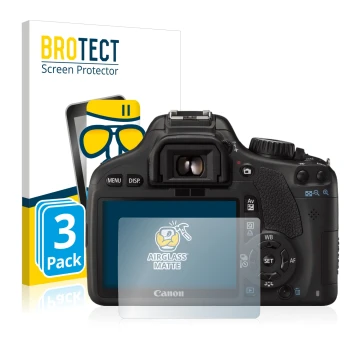 Vorderseite einer Produktverpackung mit dem Markenlogo BROTECT. Daneben ist das Gerät Canon EOS 550D mit dem zugehörigen Displ
