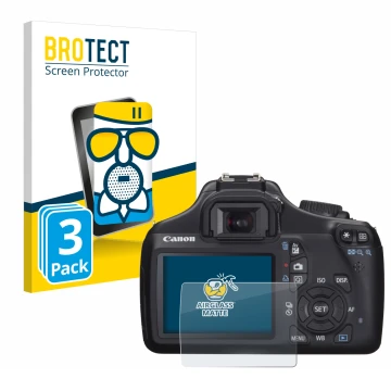 Vorderseite einer Produktverpackung mit dem Markenlogo BROTECT. Daneben ist das Gerät Canon EOS 1100D mit dem zugehörigen Disp
