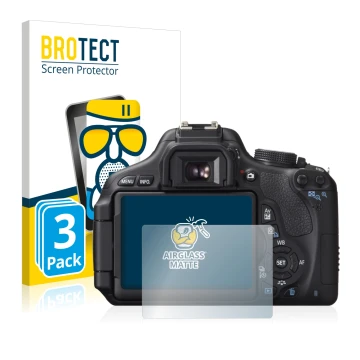 Vorderseite einer Produktverpackung mit dem Markenlogo BROTECT. Daneben ist das Gerät Canon EOS 600D mit dem zugehörigen Displ