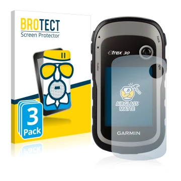 Vorderseite einer Produktverpackung mit dem Markenlogo BROTECT. Daneben ist das Gerät Garmin eTrex 30 mit dem zugehörigen Disp