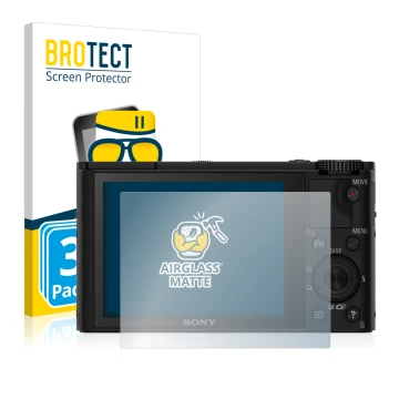 Vorderseite einer Produktverpackung mit dem Markenlogo BROTECT. Daneben ist das Gerät Sony Cyber-Shot DSC-RX100 mit dem zugehö