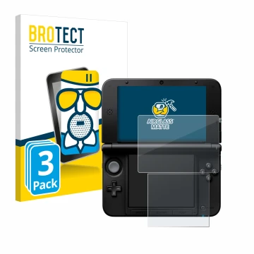 Vorderseite einer Produktverpackung mit dem Markenlogo BROTECT. Daneben ist das Gerät Nintendo 3DS XL SPM7800 mit dem zugehöri