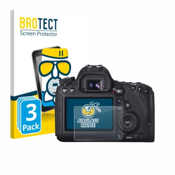 Vorderseite einer Produktverpackung mit dem Markenlogo BROTECT. Daneben ist das Gerät Canon EOS 6D mit dem zugehörigen Display