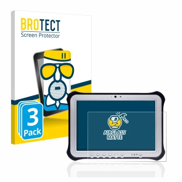 Vorderseite einer Produktverpackung mit dem Markenlogo BROTECT. Daneben ist das Gerät Panasonic Toughpad FZ-G1 mit dem zugehör