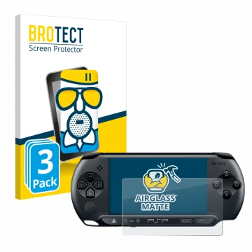 Vorderseite einer Produktverpackung mit dem Markenlogo BROTECT. Daneben ist das Gerät Sony PSP 1004 mit dem zugehörigen Displa