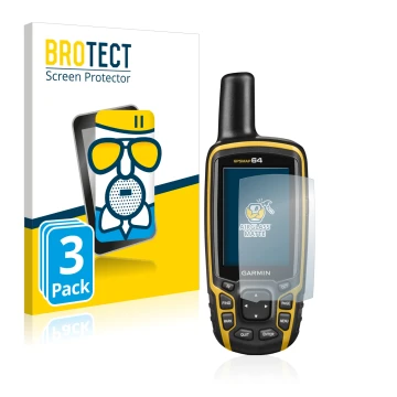 Vorderseite einer Produktverpackung mit dem Markenlogo BROTECT. Daneben ist das Gerät Garmin GPSMAP 64 mit dem zugehörigen Dis