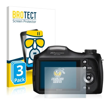 Vorderseite einer Produktverpackung mit dem Markenlogo BROTECT. Daneben ist das Gerät Sony Cyber-Shot DSC-H300 mit dem zugehör