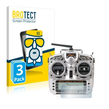 Vorderseite einer Produktverpackung mit dem Markenlogo BROTECT. Daneben ist das Gerät FrSky Taranis X9D mit dem zugehörigen Di