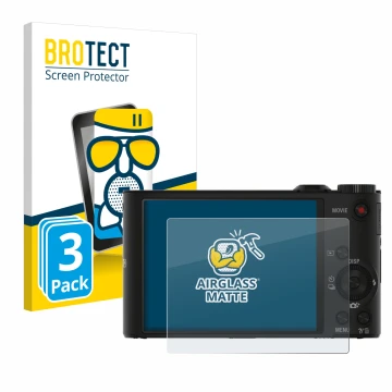 Vorderseite einer Produktverpackung mit dem Markenlogo BROTECT. Daneben ist das Gerät Sony Cyber-Shot DSC-WX350 mit dem zugehö