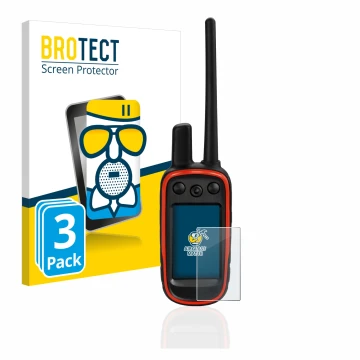 Vorderseite einer Produktverpackung mit dem Markenlogo BROTECT. Daneben ist das Gerät Garmin Alpha 100 mit dem zugehörigen Dis