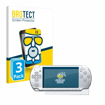 Vorderseite einer Produktverpackung mit dem Markenlogo BROTECT. Daneben ist das Gerät Sony PSP 2004 mit dem zugehörigen Displa